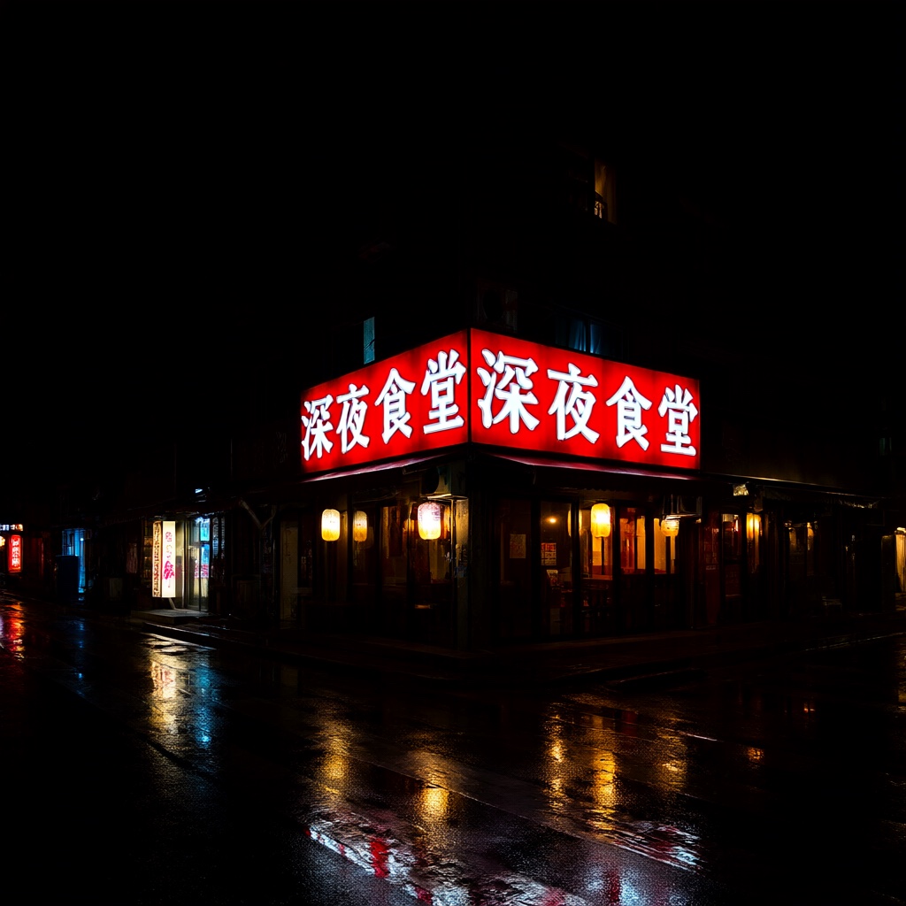 A red neon sign reading 深夜食堂 on a rainy street at night, drawn by Qwen-Image 2.1