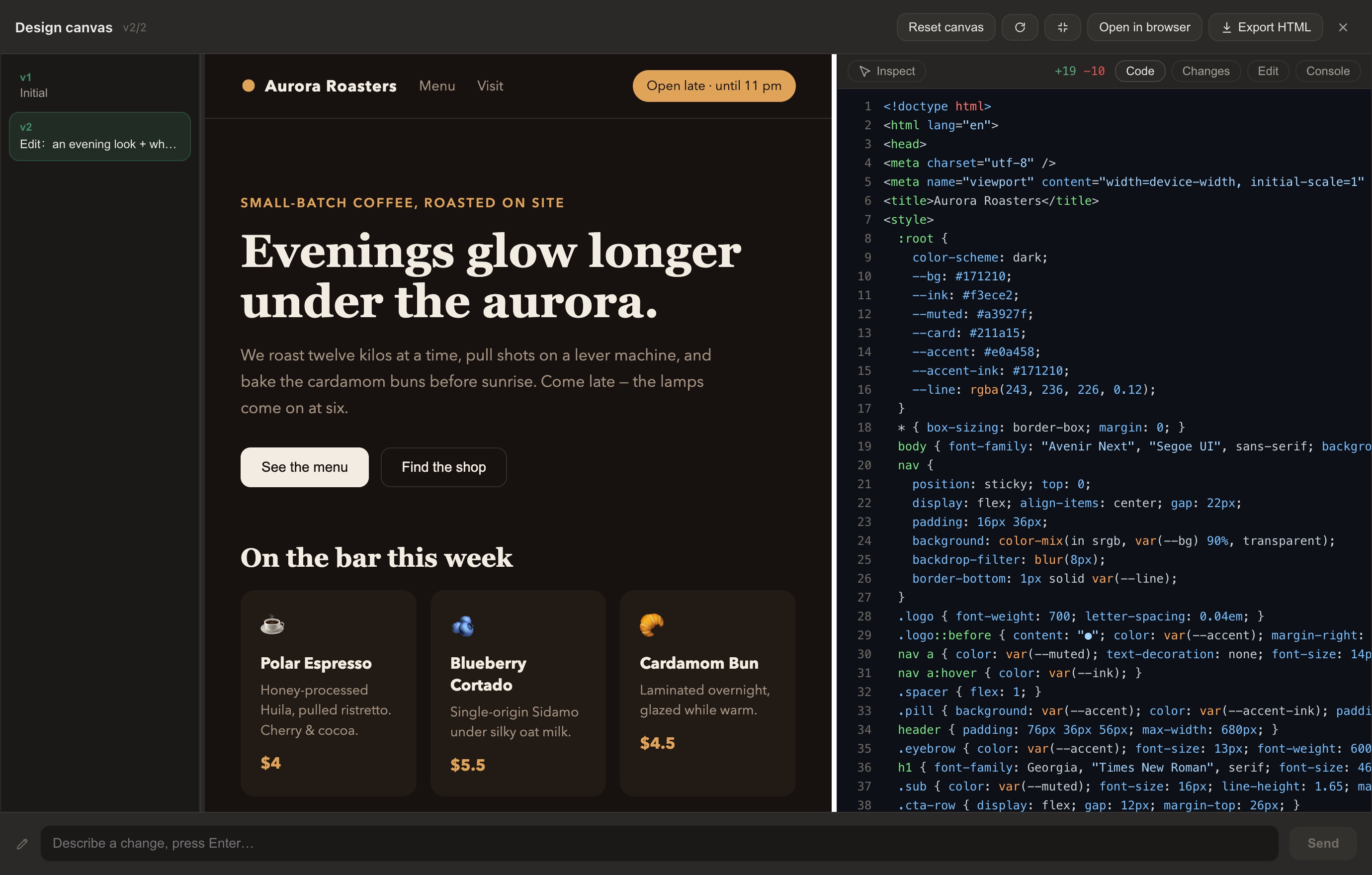 Design Canvas — live preview beside the actual source code in a split studio