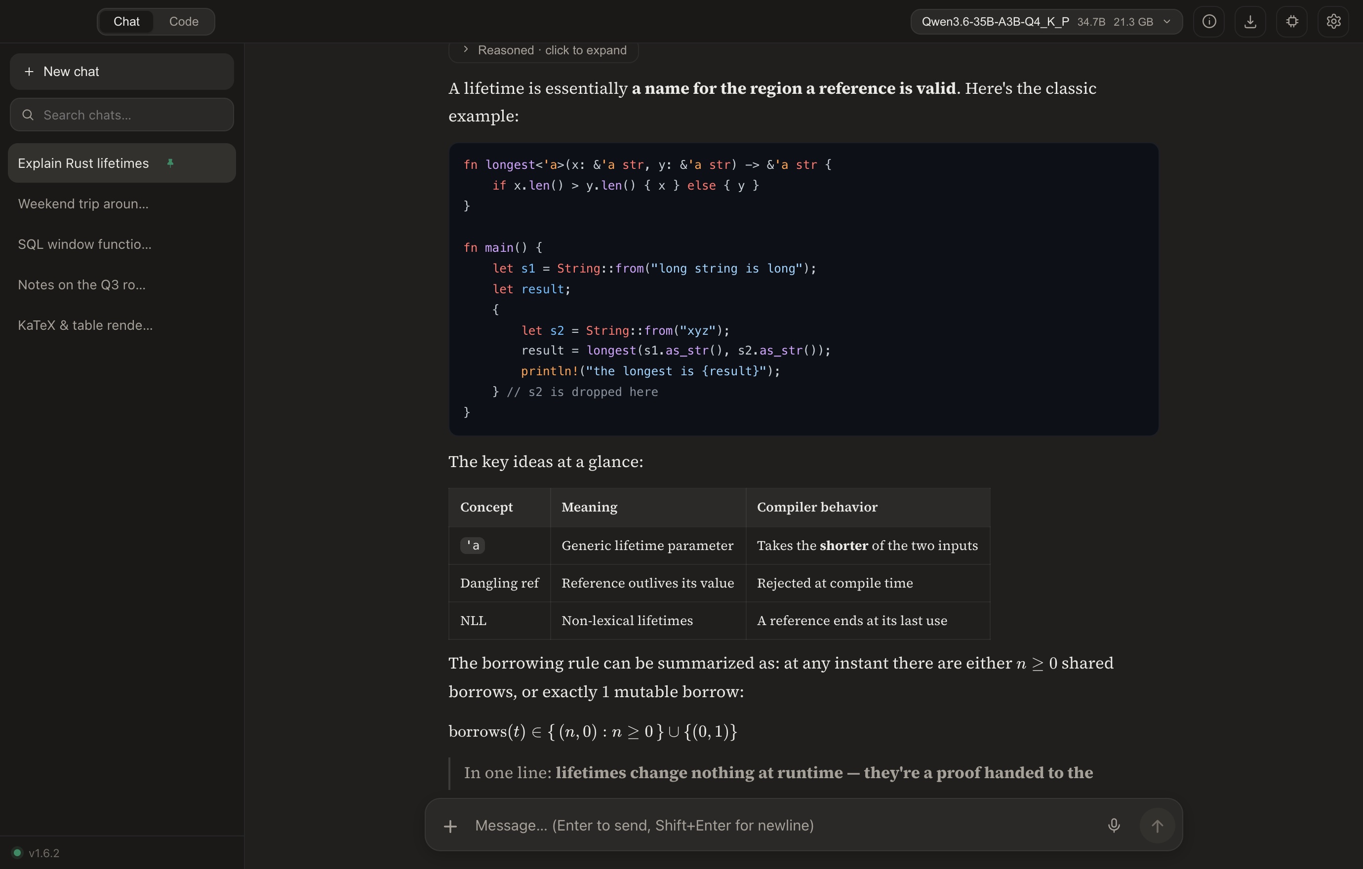 Chaty chat rendering code, a table and a KaTeX formula with a foldable reasoning panel