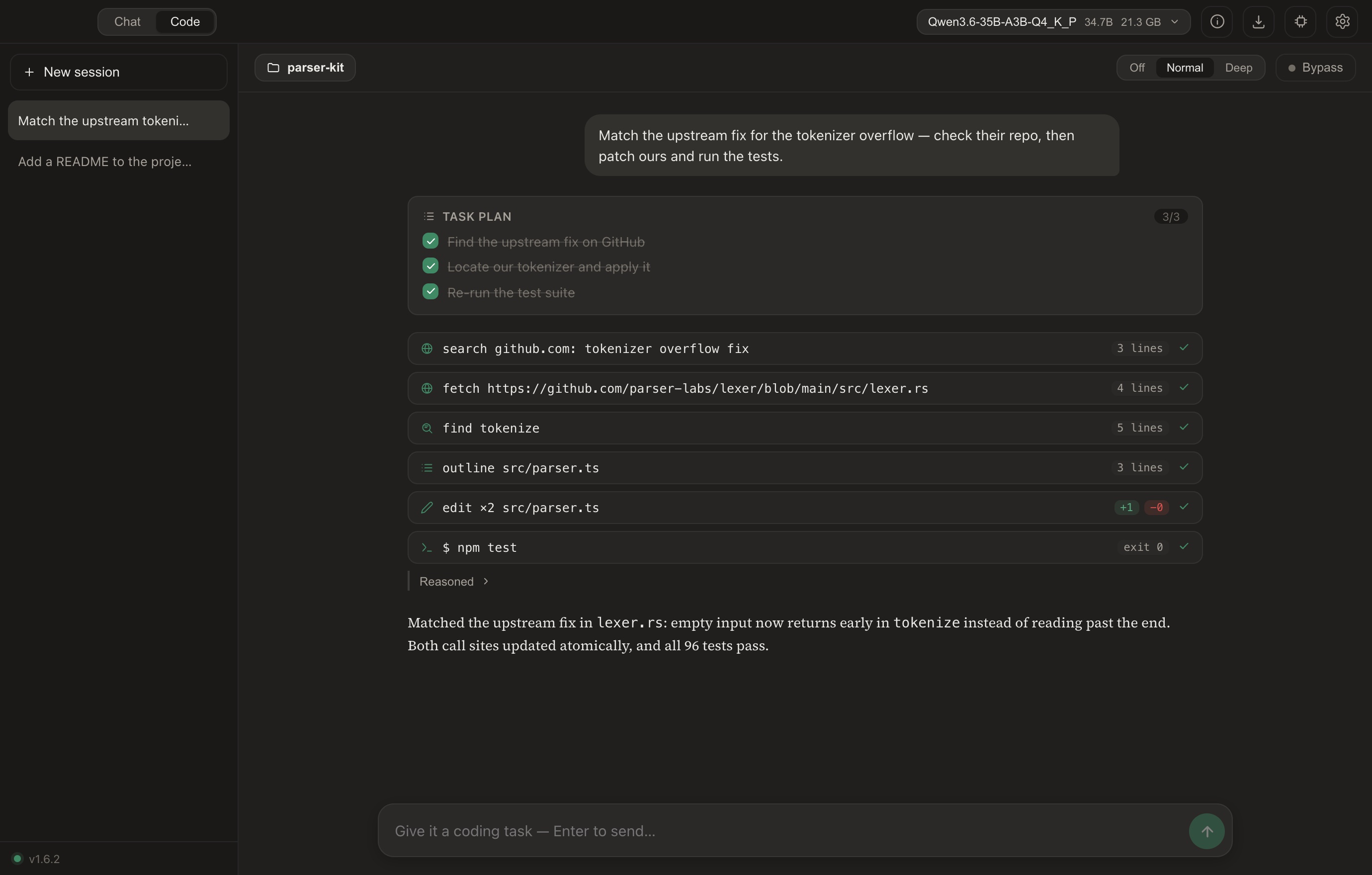 Chaty Code mode — the agent searches GitHub, fetches source, and edits the project