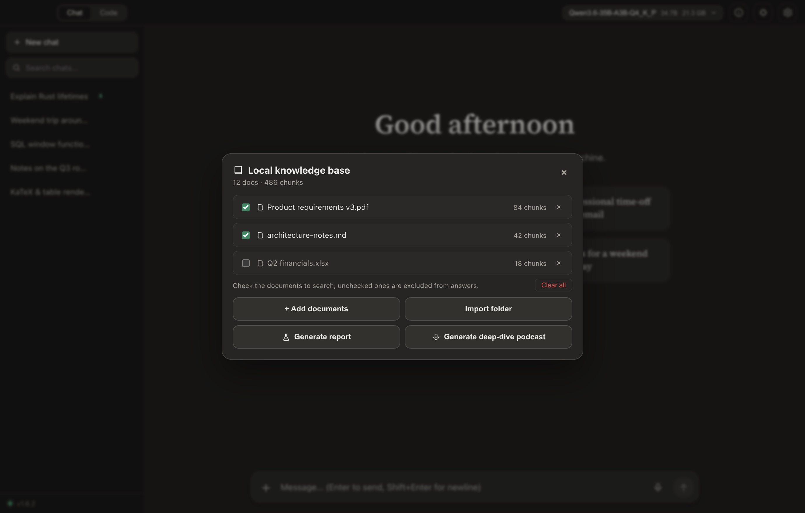 Chaty local knowledge base with indexed documents, report and podcast generation