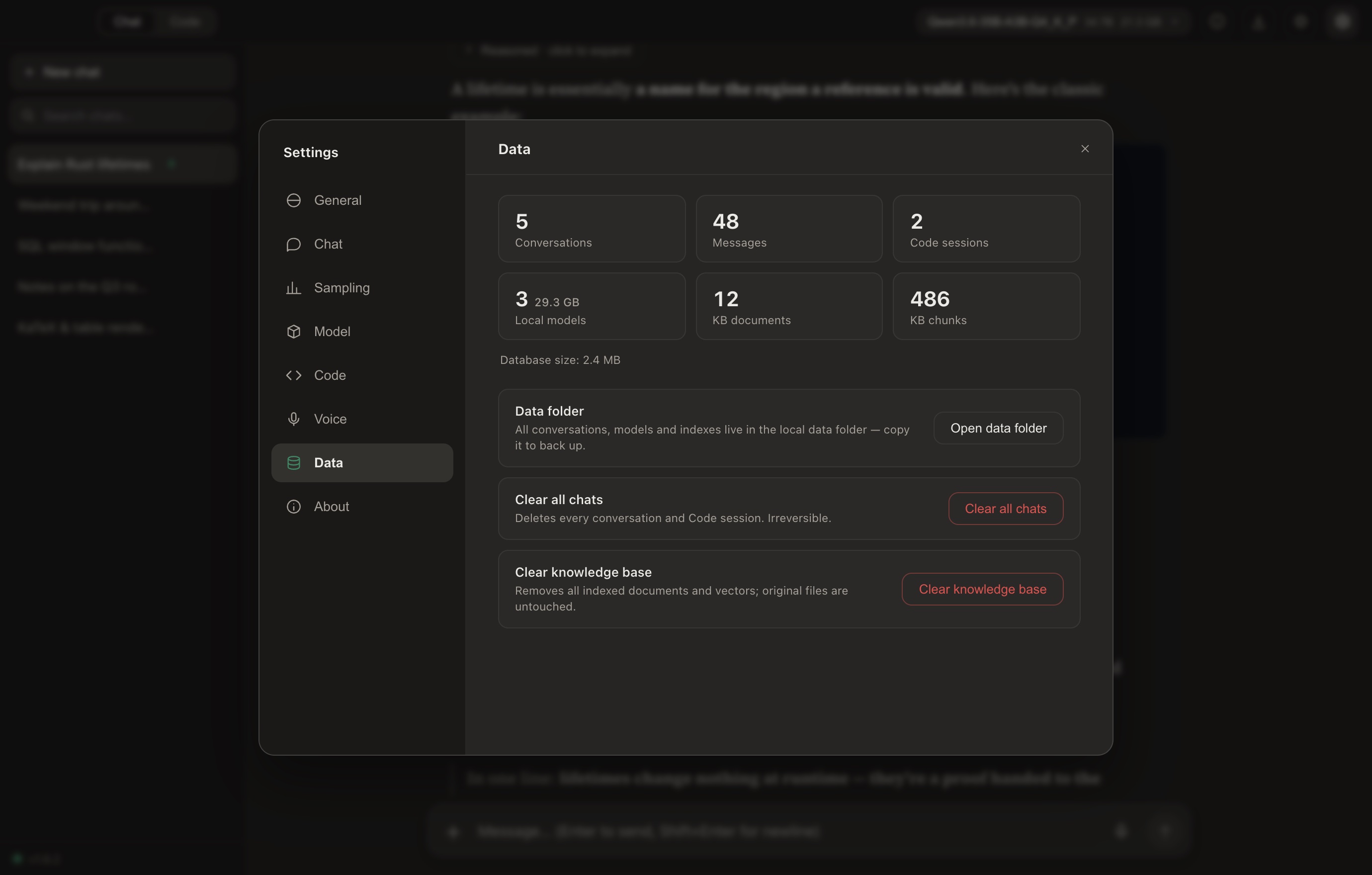 Chaty settings with a live data dashboard of conversations, models and knowledge base